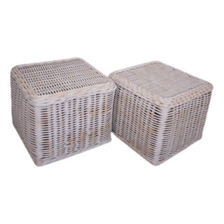 1950s Pair of Whitewashed Rattan Cubes For Sale
