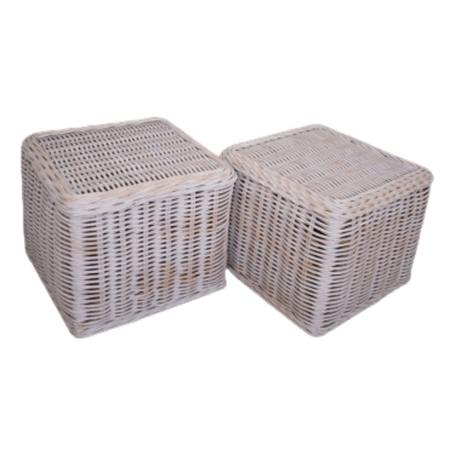 1950s Pair of Whitewashed Rattan Cubes For Sale