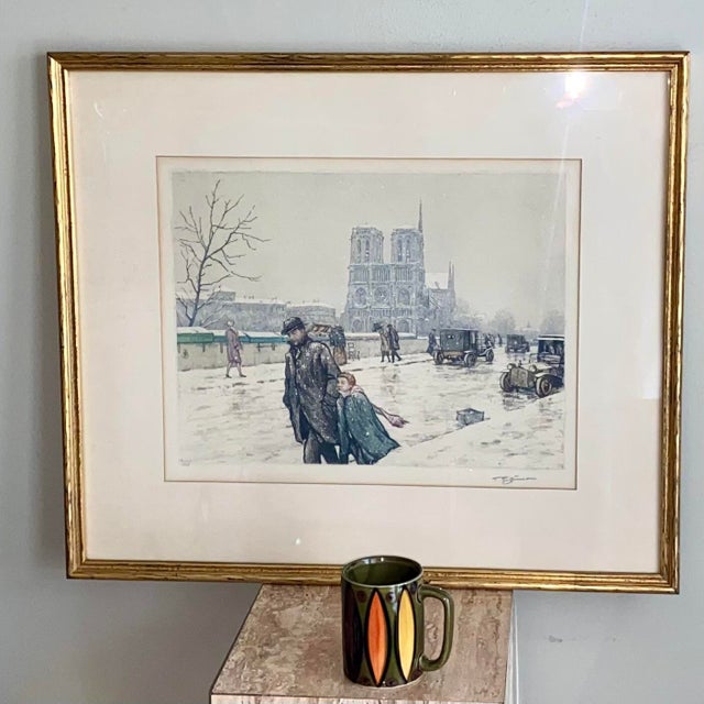 1920s Tavik Simon Listed Czech Artist Notre Dame Paris in Winter Large Color Etching, Signed, Framed For Sale - Image 5 of 6