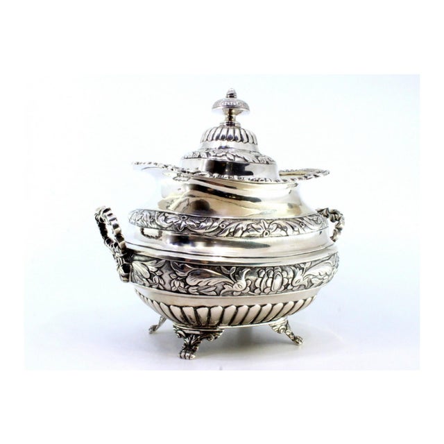Silver Sugar Bowl with Reliefs, Applications, Handles, Knob Lid and Claw-Shaped Feet For Sale - Image 9 of 11