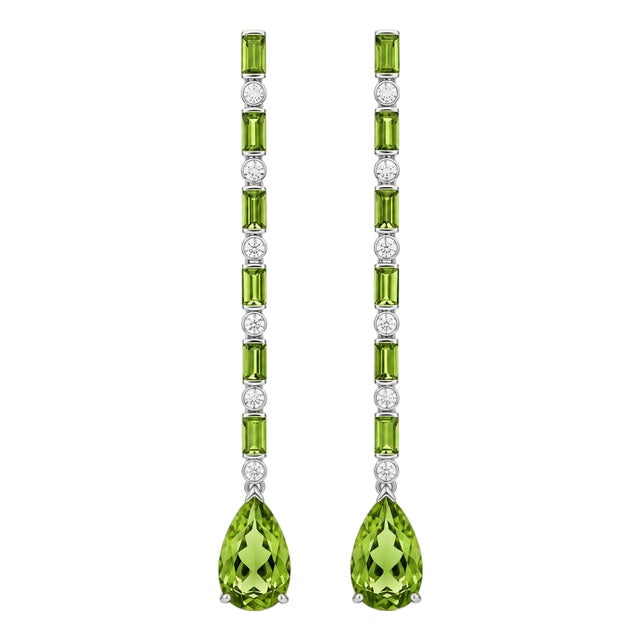 Peridot Long Drop Earrings, Silver, Gold, Pair For Sale