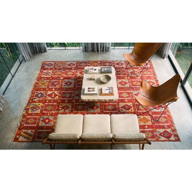 Textile 1900s Red Diamond Tribal Antique Turkish Oushak Flat-Weave Rug 6'6" X 11' Wool Carpet For Sale - Image 7 of 9