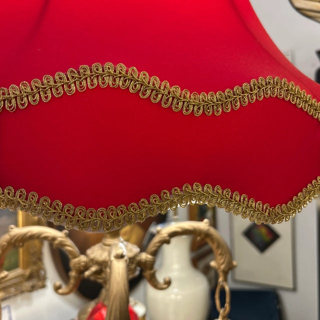 Brass 1960s Brass Finish Metal and Crystal Lamps With Original Red Silk Shades a Pair For Sale - Image 8 of 12