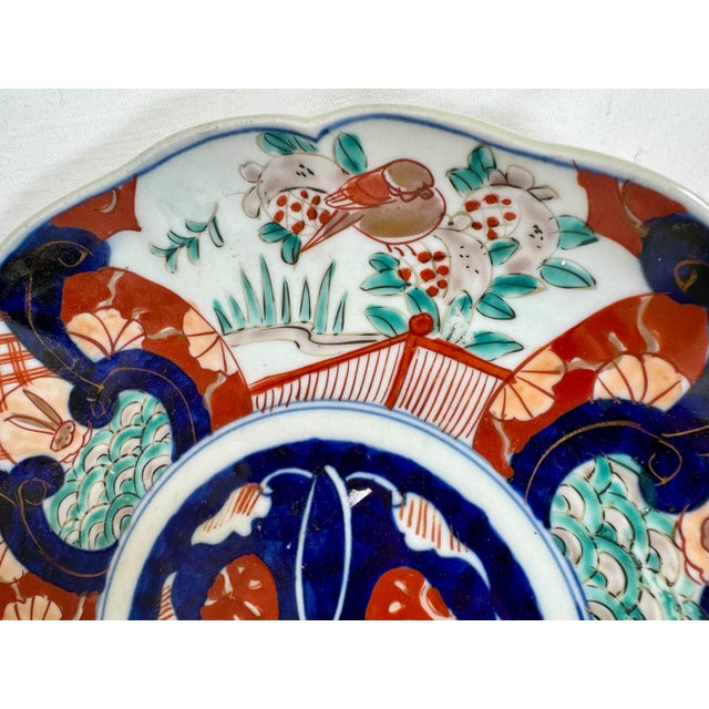 Vintage Scalloped Edge Imari Plate Decorated With Colorful Birds & Rabbits From Japan - Circa 1940 For Sale In Dallas - Image 6 of 12