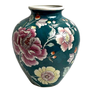 Vintage Green Chinoiserie Vase With Pink Flowers From Macau