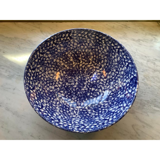 Farmhouse Vintage Large Blue Splatter Speckled Spongeware Serving Bowl For Sale - Image 3 of 8