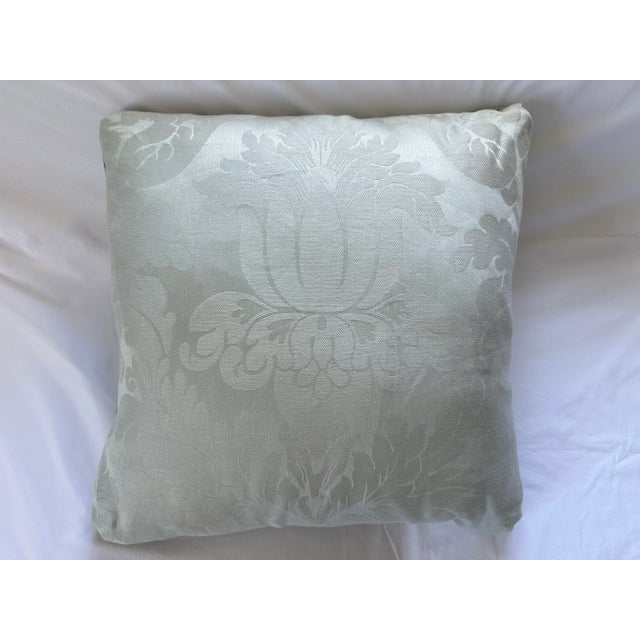 Early 21st Century Set of 4 Custom Grey-Mint Green Patterned Boxed Sofa Pillows With Cord Detail For Sale - Image 5 of 11