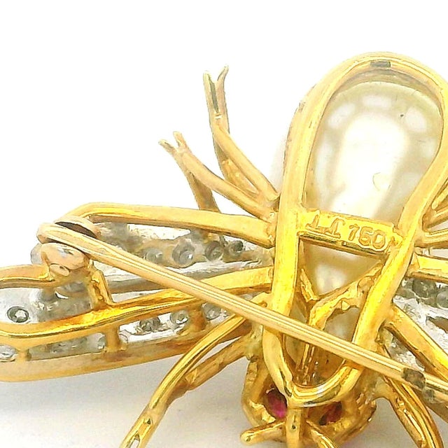 Italian 18k Gold Bee Brooch With Pearl, Diamonds & Rubies, 1970s For Sale - Image 13 of 15