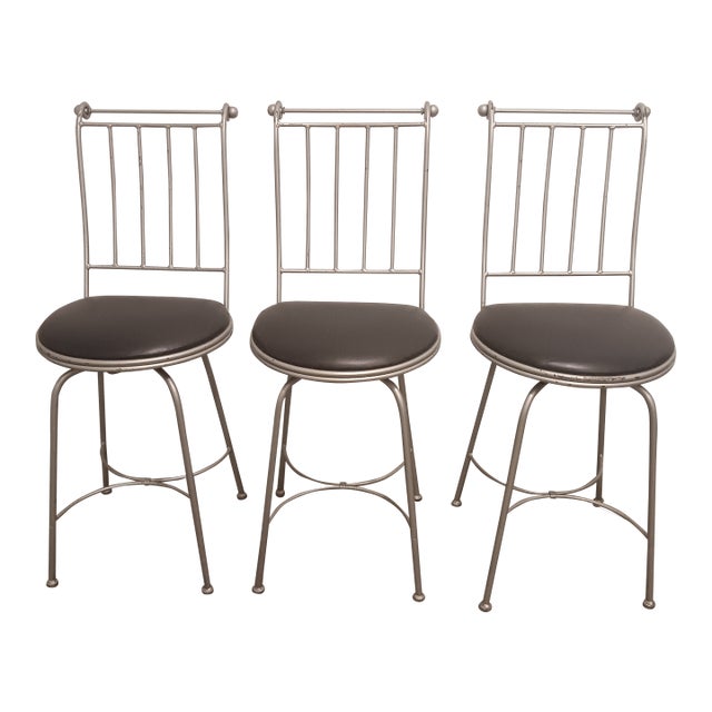 Vintage Charleston Forge Swivel Barstool With Black Upholstered 3 Pc Set. For Sale