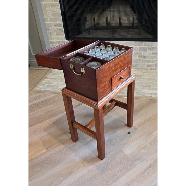 19th Century 19th Century English Victorian Era Mahogany Apothecary Travel Chest Box on Stand With Glass Jars For Sale - Image 5 of 18