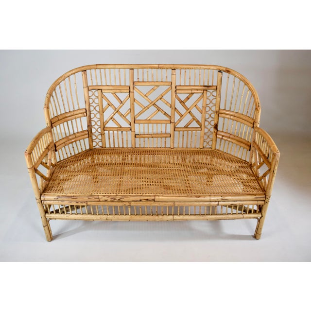Chinoiserie Mid-20th Century Coastal Brighton Pavilion Bamboo and Cane Settee For Sale - Image 3 of 14