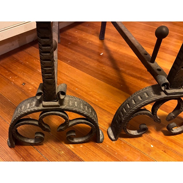 Metal Very Large Antique 19th Century French Baroque Wrought Iron and Bronze Andirons With Gothic Tudor Arch for Limestone Fireplace Mantel For Sale - Image 7 of 15