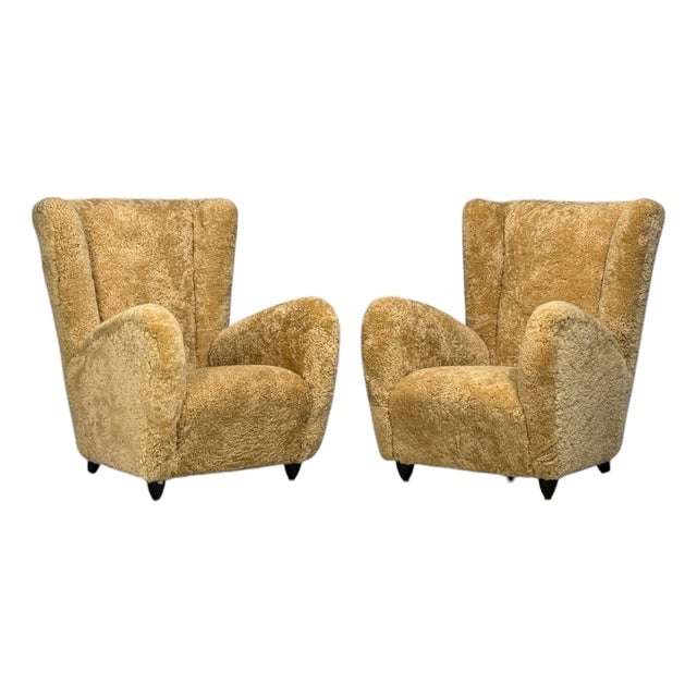 Paolo Buffa Attrib., Beige Shearling, Wood, Lounge Chairs, Italy, 1950s For Sale