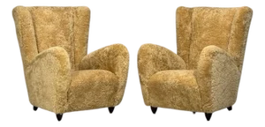 Paolo Buffa Attrib., Beige Shearling, Wood, Lounge Chairs, Italy, 1950s