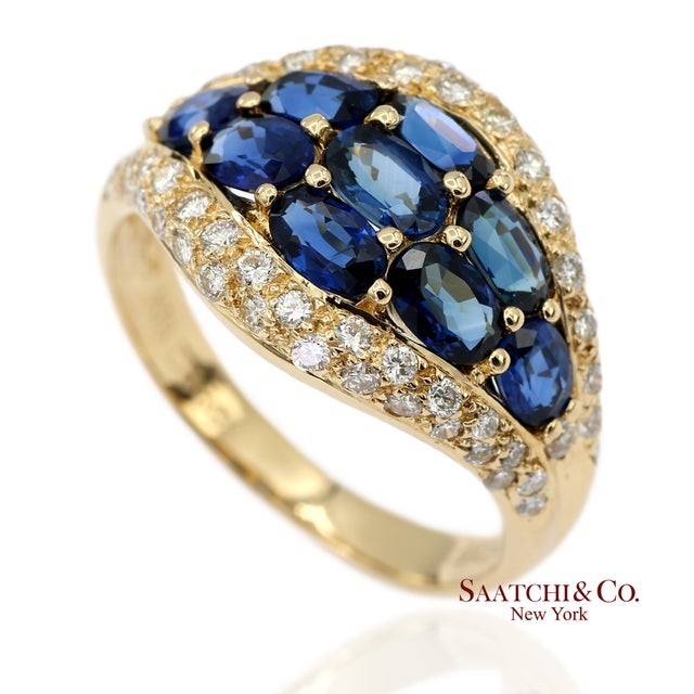 18k 750 Solid Yellow Gold Natural Diamond and Natural Sapphire Ring, Size 6.25 For Sale - Image 4 of 11