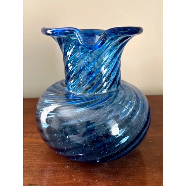 Large Vintage Blue Swirl Glass Pitcher For Sale - Image 4 of 8