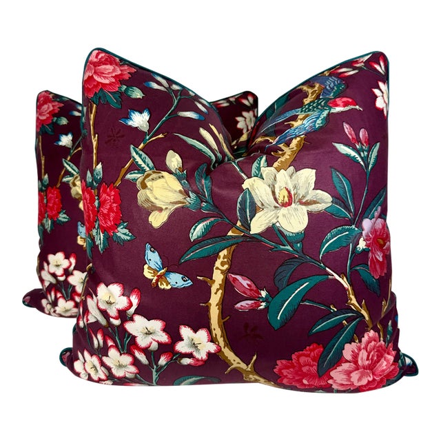 Vintage Manuel Canovas Floral Chintz in Plum 22" Pillows-a Pair For Sale