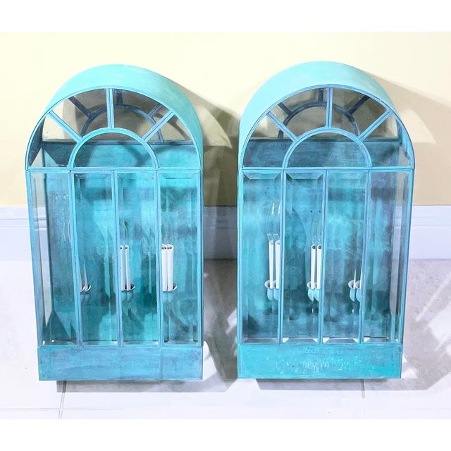 Metal Pair of Vintage Solid Brass Wall Lanterns / Sconces With Rich Verdigris Patina For Sale - Image 7 of 13