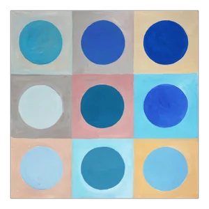 2023, Primary Geometry Checkers in Baby Blue Tones, "Moonin the Daytime Sky", Acrylic Painting on Watercolor Paper by Natalia Roman