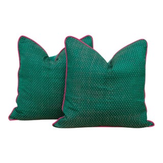 Pair of Pala Green Dotted Ahir Handloom Pillows For Sale