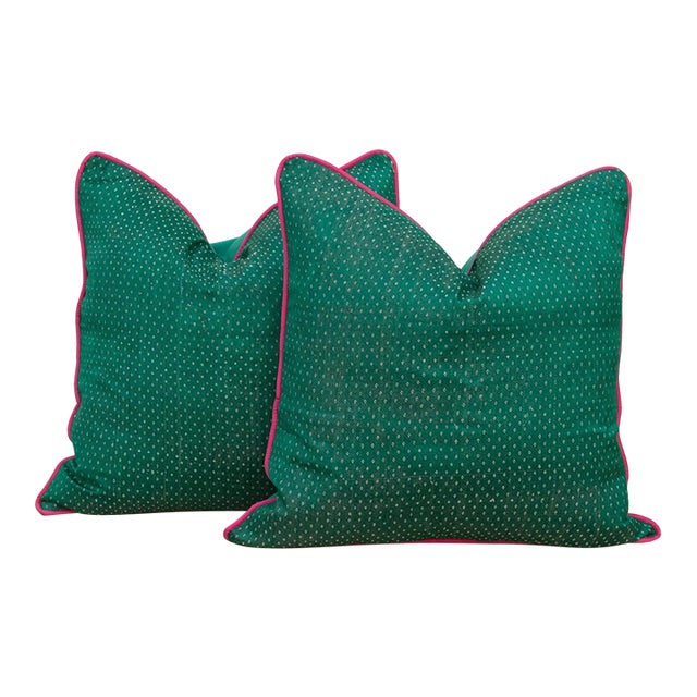 Pair of Pala Green Dotted Ahir Handloom Pillows For Sale