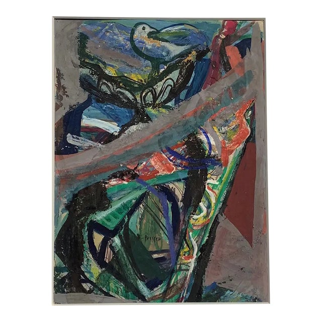 1940 Abstract Composition with Bird Oil Painting on Paper by Josef Presser For Sale