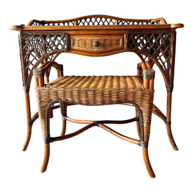 Vintage Wicker Dressing Table with Matching Stool, Set of 2 For Sale