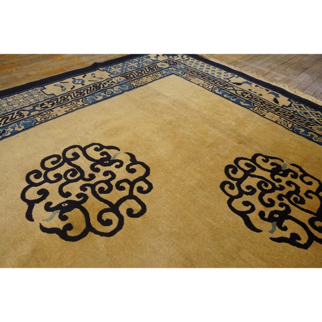 1880s Tan Camel Dragon Medallion Antique Chinese Peking Qing Knotted Wool Rug For Sale - Image 9 of 9