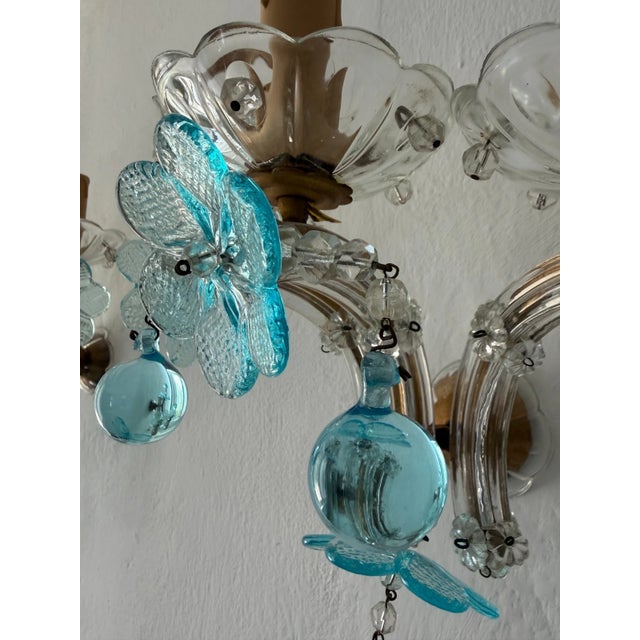 Aqua C 1930 Rare Pair Aqua Blue 3 Lights Murano Flowers Crystal Sconces One of Kind For Sale - Image 8 of 12