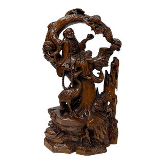 Legendary Sage Damo Bodhidharma on Pine With Crane Wood Art Figure For Sale