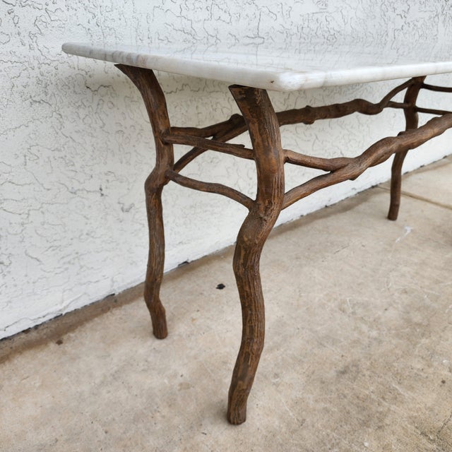 Vintage French Rustic Metal & Marble Faux Bois Branch Console Sofa Table For Sale - Image 11 of 16