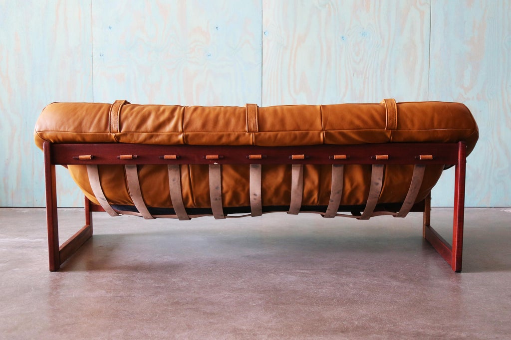 Percival Lafer Mp-91 Sofa: Jatoba Wood & Caramel Leather, Mid