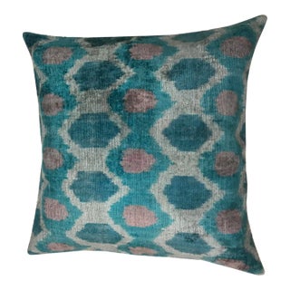 Silk Uzbek Ikat Velvet Hand Made Square Pillow Cushion, 22x22 For Sale