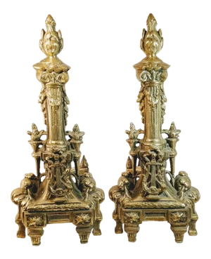 French Baroque Louis XVI Brass Flame Lyre Torch Column Andirons Pair
