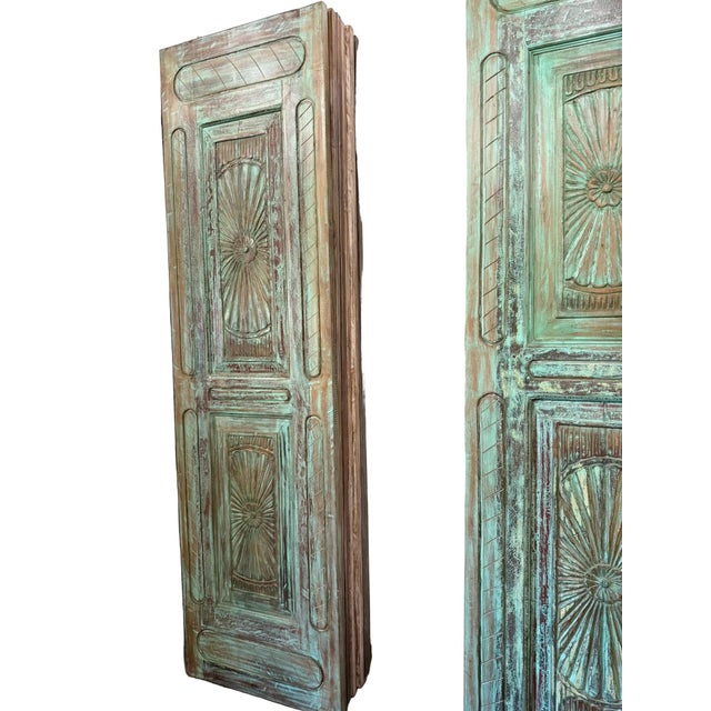 Blue Vintage Spanish Revival Carved Wood Barn Door | Handcrafted Solid Wood Sliding Door Panel 96x27 For Sale - Image 8 of 9