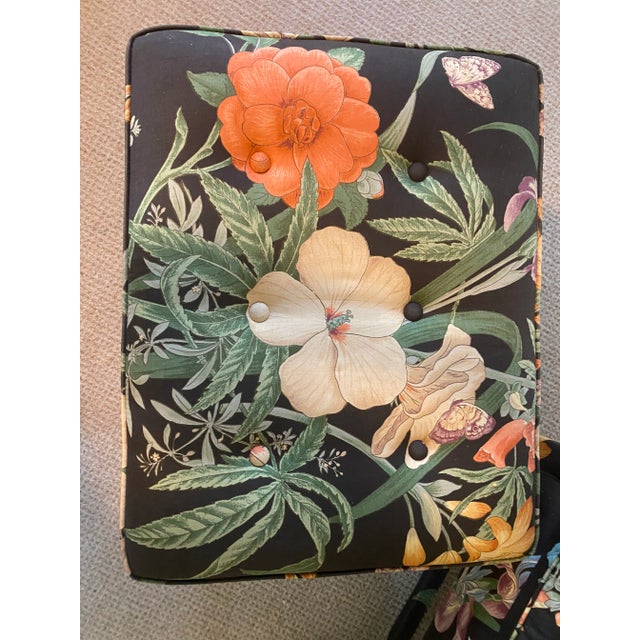 Mid 20th Century Set of 2 Modern Floral Parsons Chair and X-Bench Footstool In the Style of Milo Baughman For Sale - Image 10 of 13