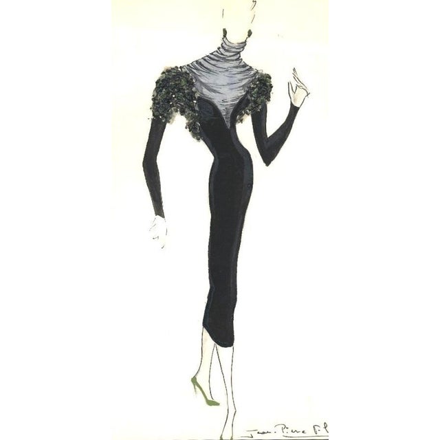 Mid-Century Modern 1950 Mid-Century Original French Fashion Drawing in Gouache, Signed For Sale - Image 3 of 5