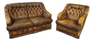 Chesterfield Sofa Bed and Armchair in Leather, 1970s, Set of 2