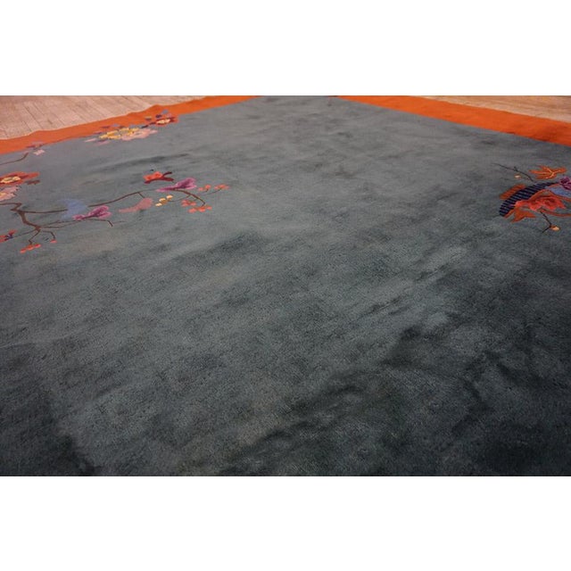 1920s Exceptional Army Green Color Ground With Bits of Chinese Ornament Floral Design Antique Chinese Art Deco Rug For Sale - Image 5 of 15