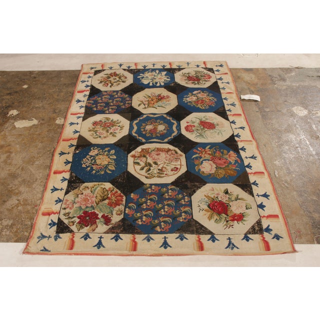 Traditional Handmade Antique English Needlepoint Rug in Blue, Beige-Brown Floral Pattern For Sale - Image 3 of 9