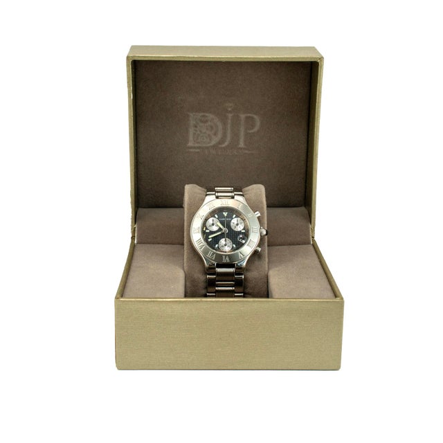 Silver Cartier 21 Chronoscaph 38mm 2424 Black Silver Sub Roman Bezel Steel Quartz Watch For Sale - Image 8 of 9