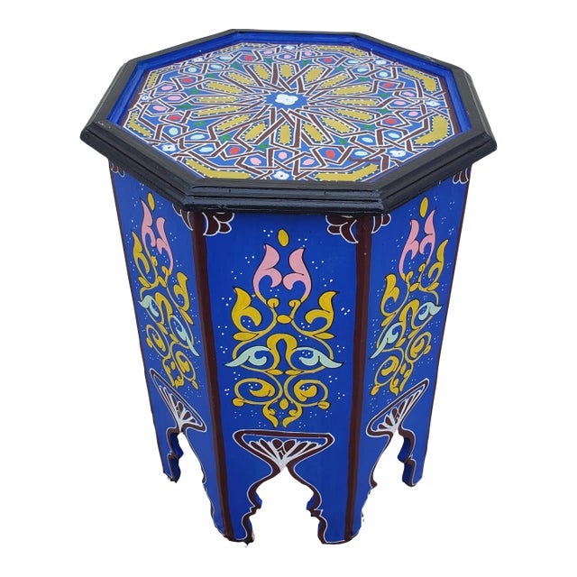 Moroccan Octagonal Hand Painted Wooden Side Table in Blue For Sale