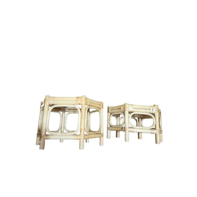 Asian 1960s Mid Century Cane and Rattan Woven Top Tables Pair For Sale - Image 3 of 4