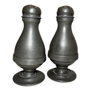 Large Pair of 19th Century Handmade Engraved Pewter Salt and Pepper Shakers For Sale