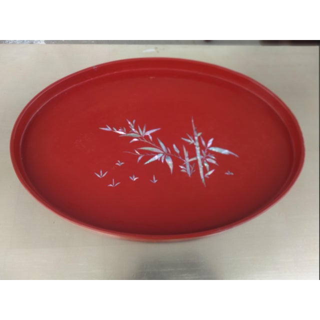 Wood Chinese Folding Leg Red Lacquer Coffee Table With Mother of Pearl Inlay For Sale - Image 7 of 7