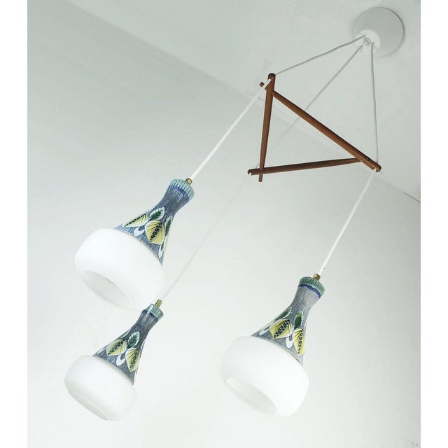 Wood Modern Danish Pendant Light in Teak, Opaline Glass & Ceramic, 1960s For Sale - Image 7 of 11