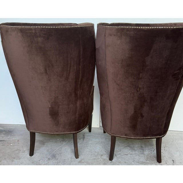 Pair Custom Mogul Los Angeles Espresso-Brown Velvet High-Back Wing Chairs For Sale - Image 13 of 16