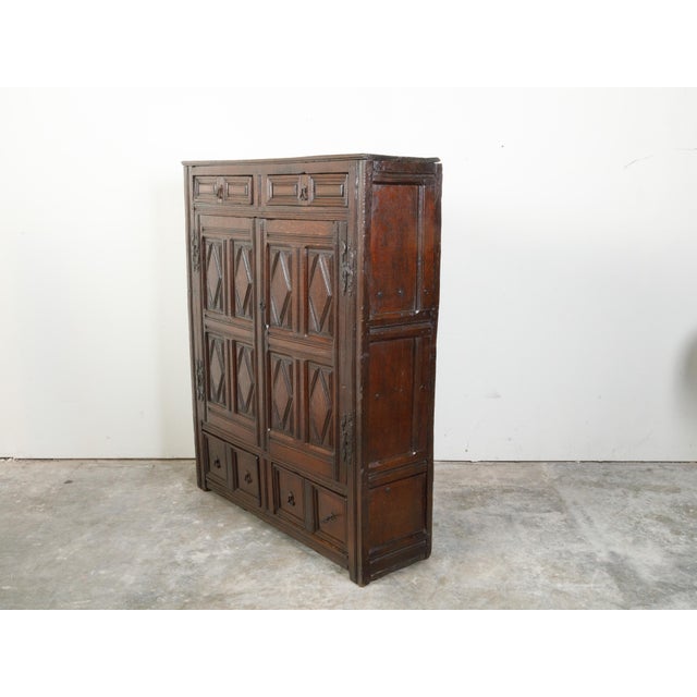 Wood English 1800s Wooden Court Cupboard with Doors, Drawers and Diamond Motifs For Sale - Image 7 of 12