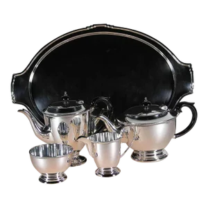 1970’s Vintage/New James Dixon Silverplate Tea & Coffee Set, Gadroon & Tray- 5-Pieces.