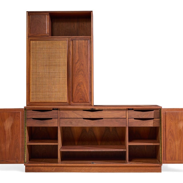 Brown Mid 20th Century Jack Cartwright for Founders Mid Century Walnut and Cane Credenza and Hutch For Sale - Image 8 of 15